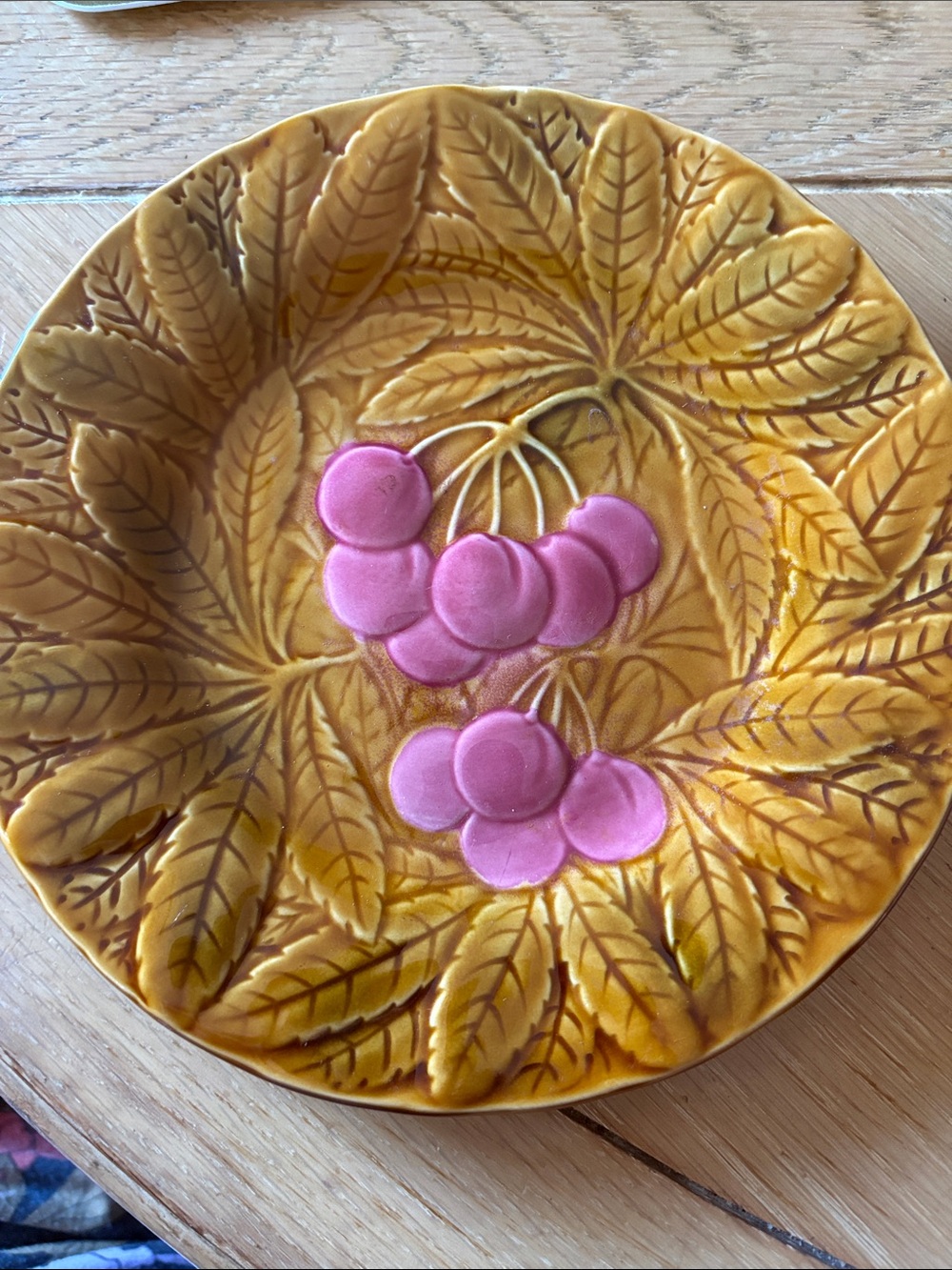 Ceramic Relief Cherry Plate in Mustard Yellow and Pink